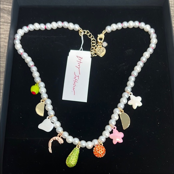 Betsey Johnson | White Pearl Necklace & Bracelet w/Charms 🥑🍉🌸🍊🫒 - Picture 6 of 9